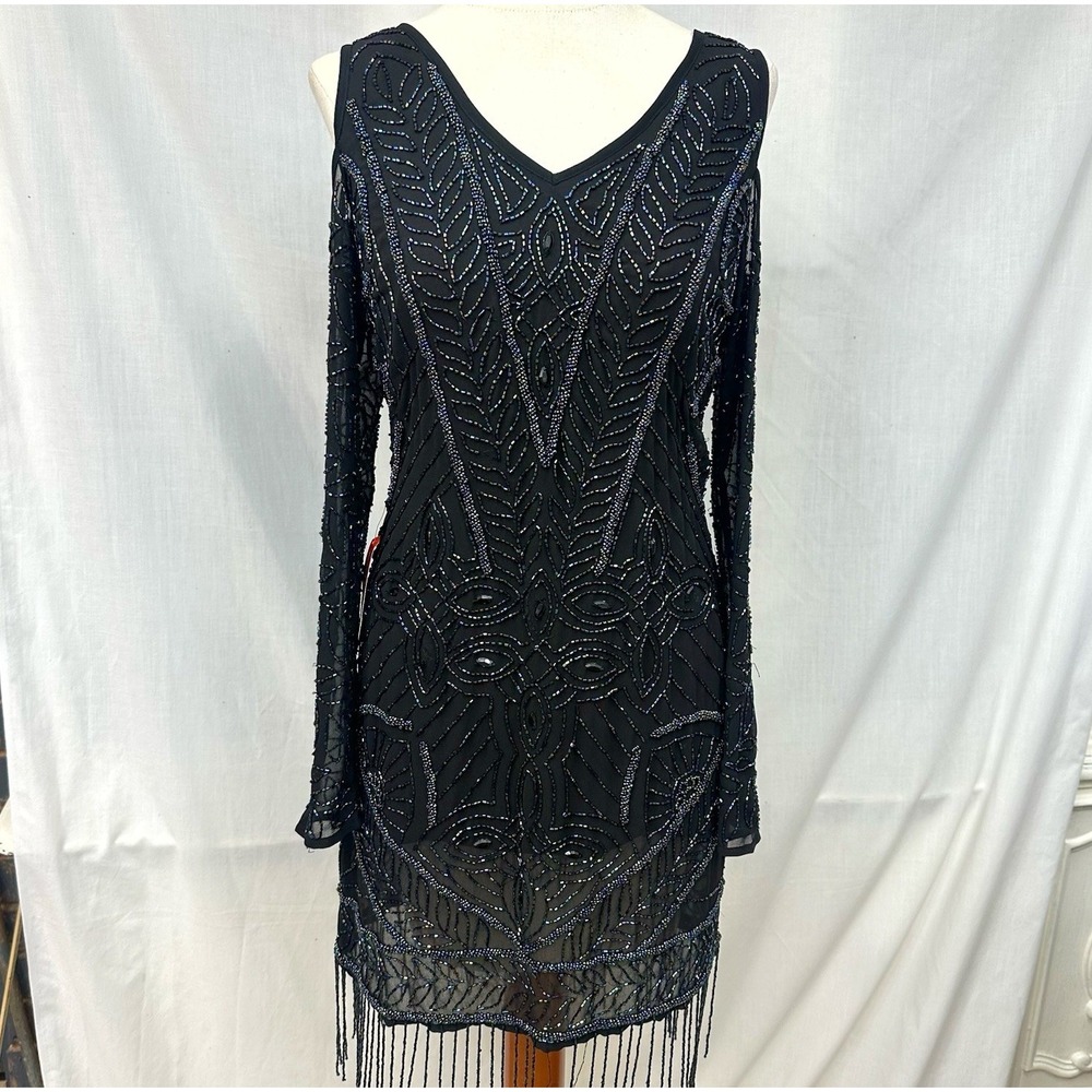 Black Beaded Fringe Dress Sz 10 Art Deco Cold Shoulder Flapper Cocktail Glamour